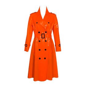 Atsuko Kudo Latex Restricted Calf Length Trench Coat in Vibrant Orange